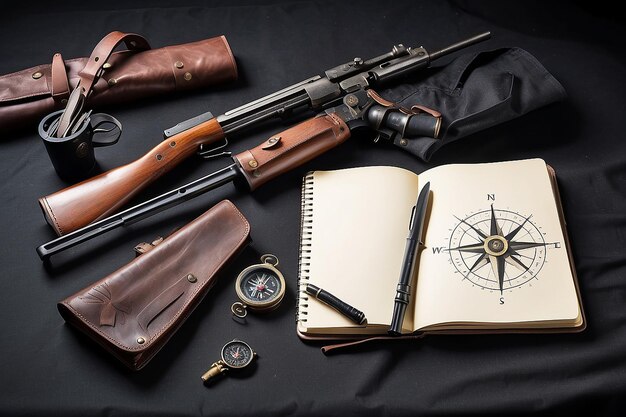 Couteau de fusil avec boussole et carnet de notes avec stylo sur noir