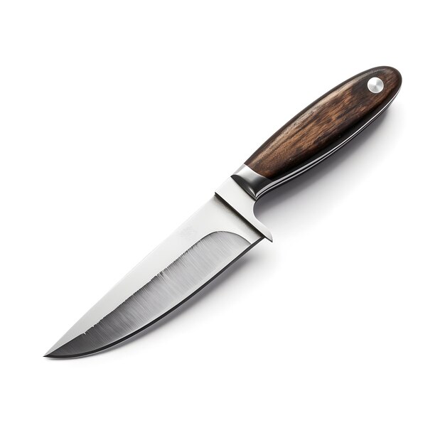 Un couteau avec un manche en bois et un manche en bois se trouve sur une surface blanche.