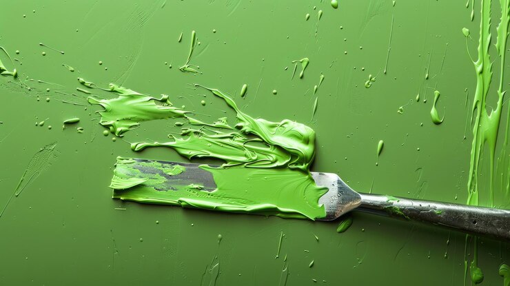 Photo couteau de palette répandant de la peinture verte épaisse sur une toile en gros plan