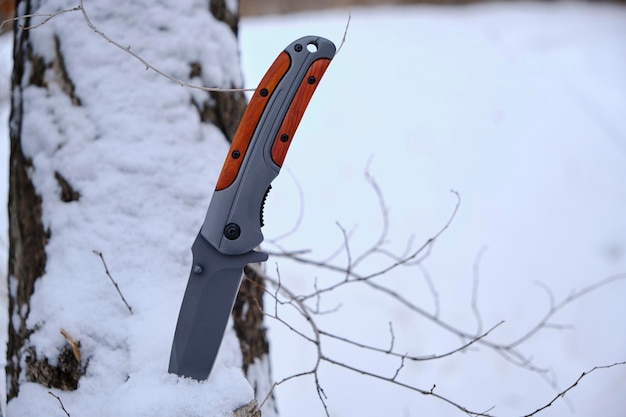 Couteau de survie coincé dans une souche d'arbre dans la forêt couverte de neige d'hiver