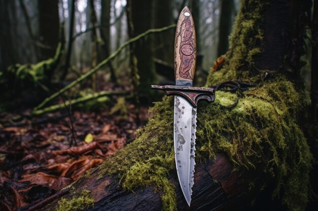 Photo un couteau de survie qui sort d'une souche de bois dans un cadre forestier