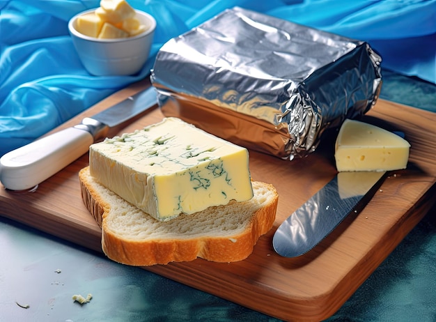 Photo couteau de table au fromage à la crème transformé enveloppé en papier d'aluminium et tranche de pain sur une planche à couper sur du bois bleu