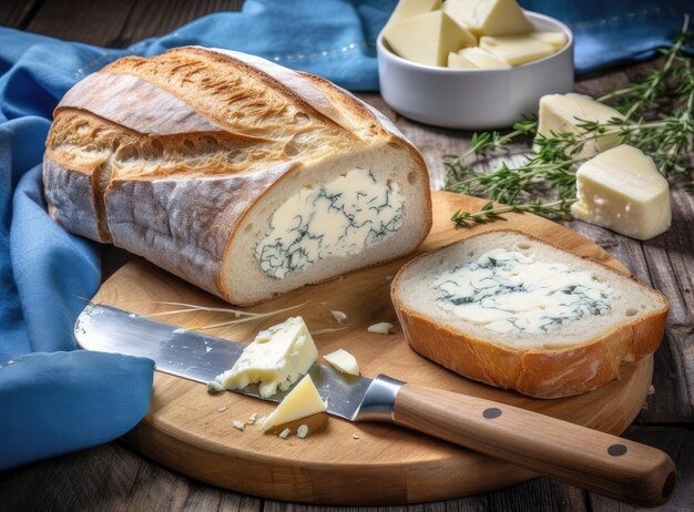 Photo couteau de table au fromage à la crème transformé enveloppé en papier d'aluminium et tranche de pain sur une planche à couper sur du bois bleu