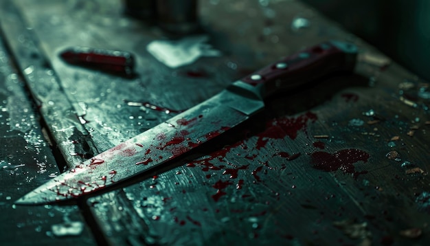 Photo couteau taché de sang sur une surface de bois sombre
