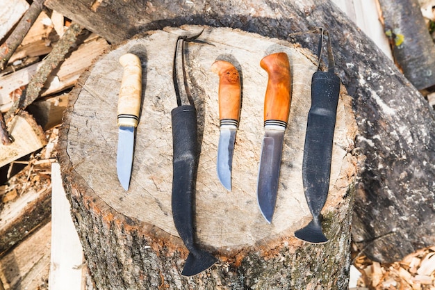 Couteaux de chasse sur souche en bois