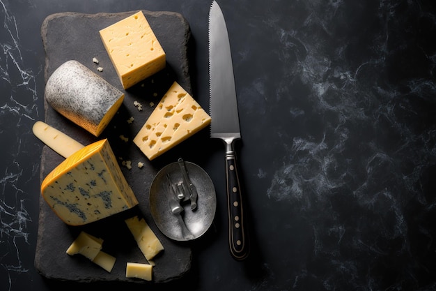 Couteaux à fromage et une collection de fromages à pâte dure sur un fond de pierre sombre