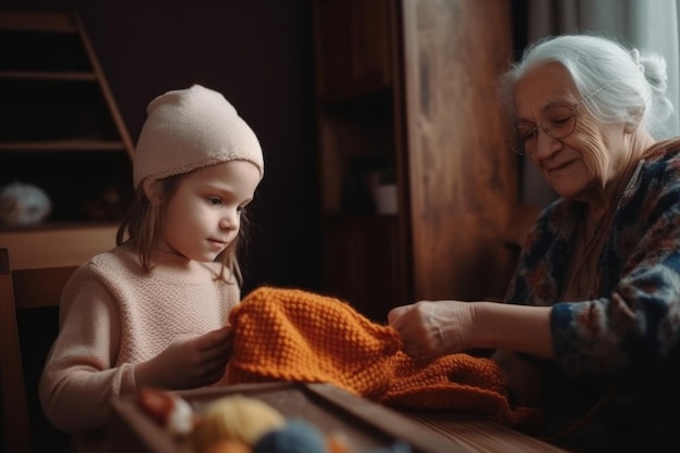 Couture au crochet et grand-mère apprenant à un enfant à faire quelque chose à la maison créé avec une IA générative