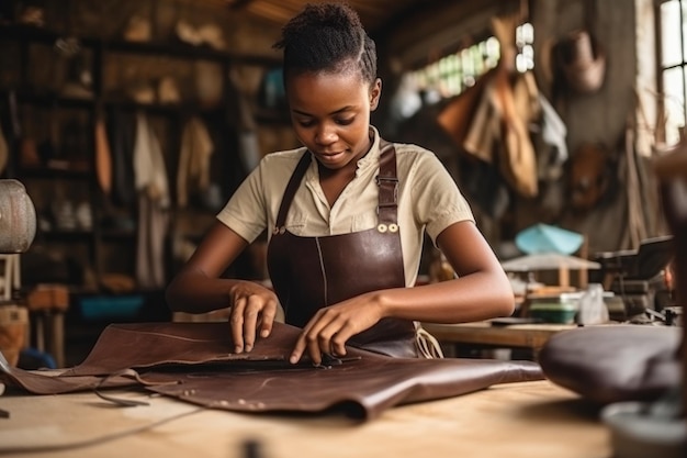 Photo une couturière africaine travaillant avec le traitement du cuir naturel coupe des blancs de cuir