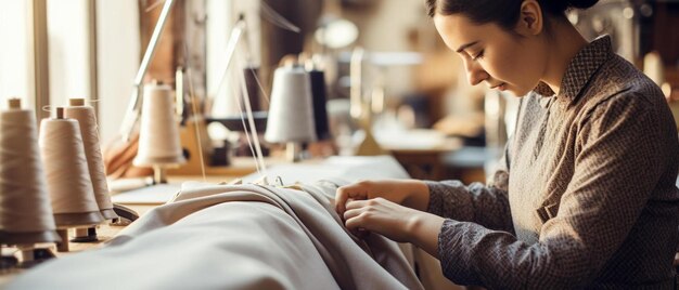 Photo couturière travaillant et mesurant le bras du client dans un atelier de couture