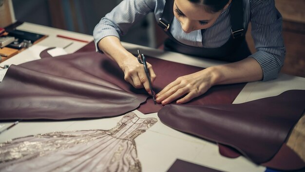 Une couturière travaillant sur un tissu en cuir