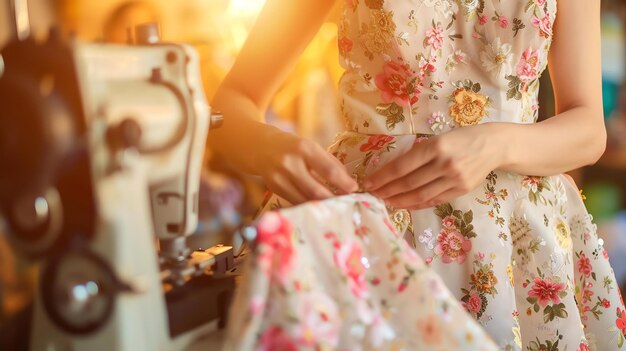 Une couturière travaille sur une belle robe à fleurs. Elle coude soigneusement le tissu et la robe prend forme.