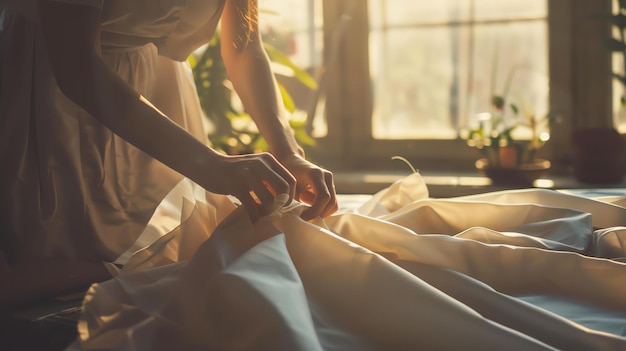 Une couturière travaille sur une robe de mariée dans son atelier. La robe est faite d'un tissu de soie blanche et a un corsage ajusté avec une jupe complète.