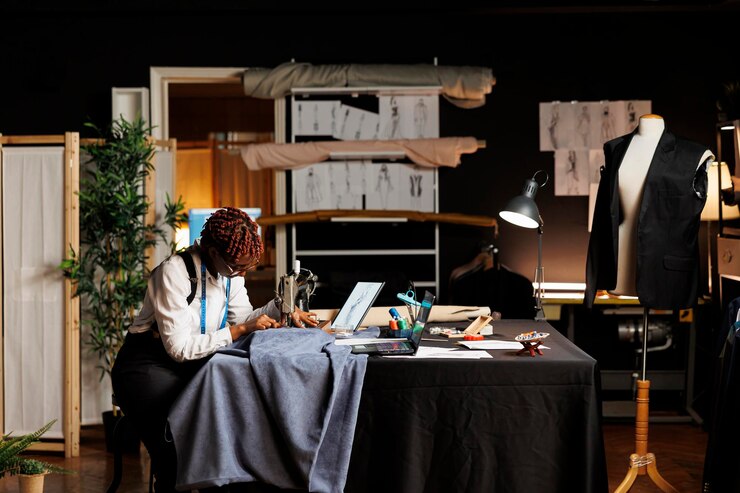 Photo couturière utilisant une machine à coudre industrielle pour faire une broderie créative sur un morceau de tissu de vêtement à utiliser pour la prochaine collection de mode sur mesure. couturier travaillant sur des dessins de couture dans un atelier