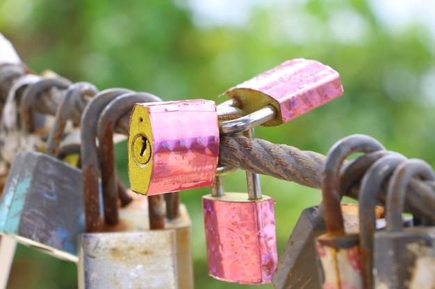 Couvercle à trois clés avec autocollant rose et plusieurs vieilles serrures à clé en rouille avec clôture en fer rouille