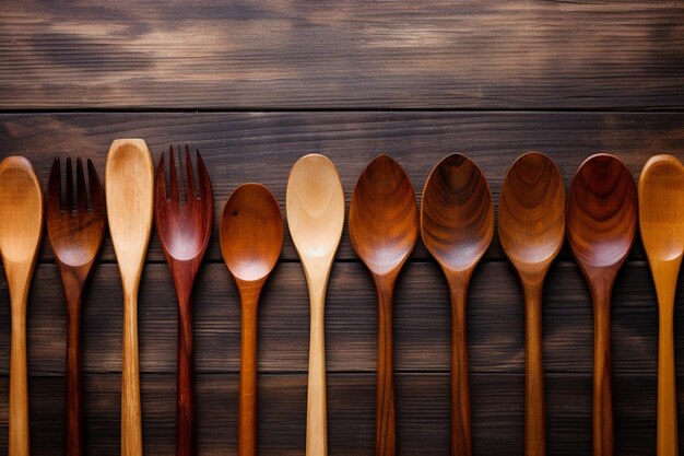 Des couverts en bois sur une table en bois