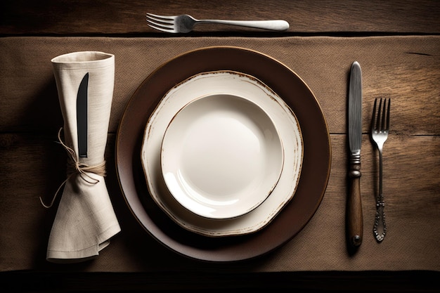 Couverts pour un avec une assiette vide et une serviette en lin propre sur une table en bois marron Photo de l'espace de copie avant et central