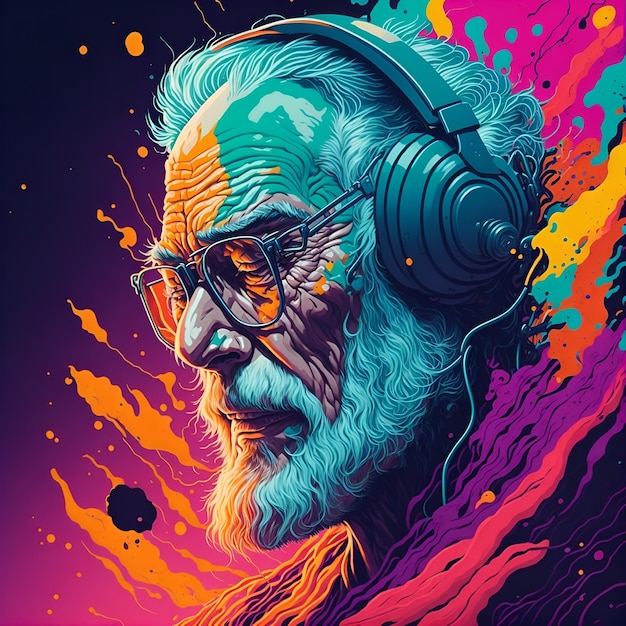 Une couverture d'album épique Splash Art avec un vieil homme surréaliste et une peinture tourbillonnante colorée