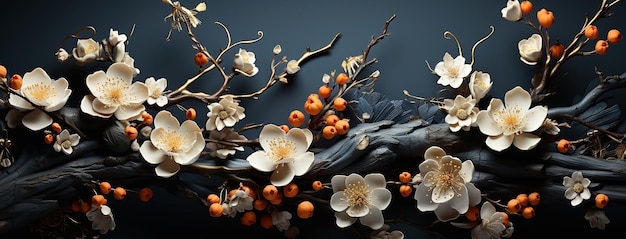 Couverture d'arrière-plan de bannière web bouquet de fleurs 3D avec des fleurs blanches et orange sur fond noir