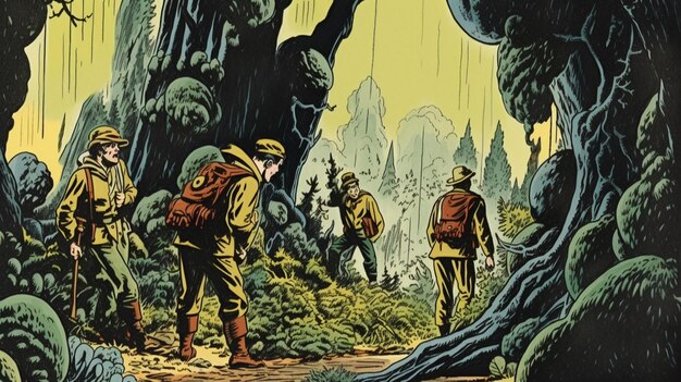 Une couverture de bande dessinée de soldats marchant dans une forêt.