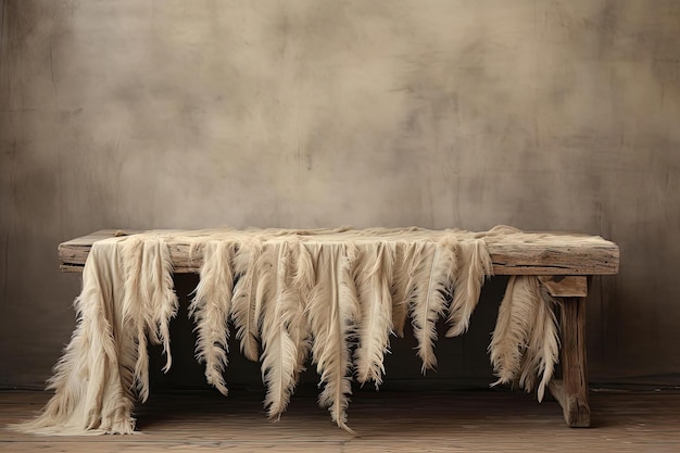 couverture beige sur une table en bois dans le style de fait de plumes