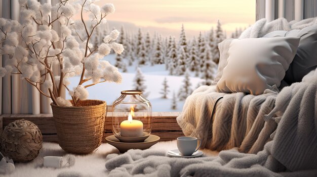 une couverture chaude et une tasse de café confort de saison avec de la cannelle et des cônes en plaques douces dans le contexte d'une maison confortable embrassant le concept de hygge