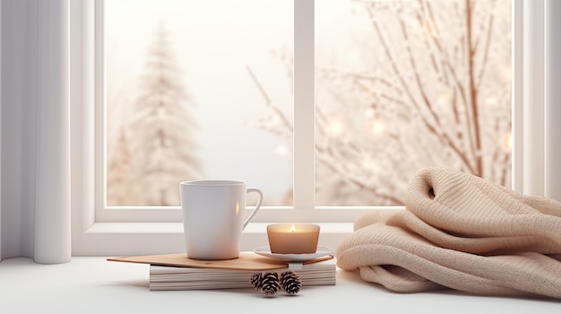 une couverture chaude et une tasse de café confort de saison avec de la cannelle et des cônes en plaques douces dans le contexte d'une maison confortable embrassant le concept de hygge