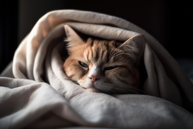 Couverture douce enroulée autour du chat endormi