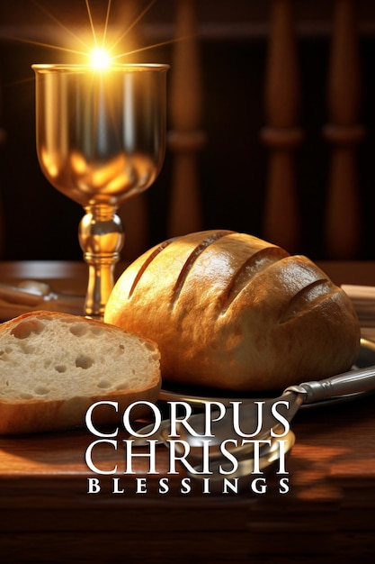 Photo une couverture de livre pour corpus christti montre du pain et un verre de vin.