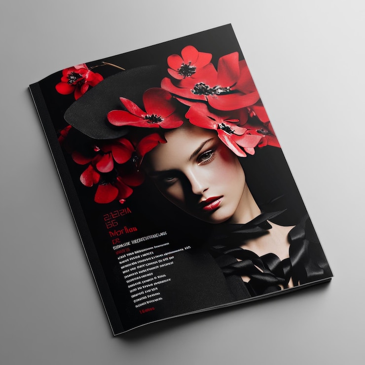 Photo couverture d'un magazine de mode avec une femme avec des fleurs rouges et un chapeau noir