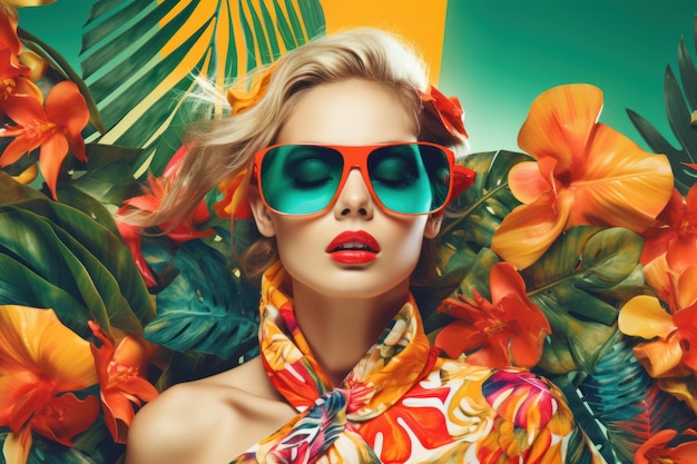 Photo couverture d'un magazine de mode avec une fille à lunettes de soleil aux vibrations tropicales illustration ai generativexa