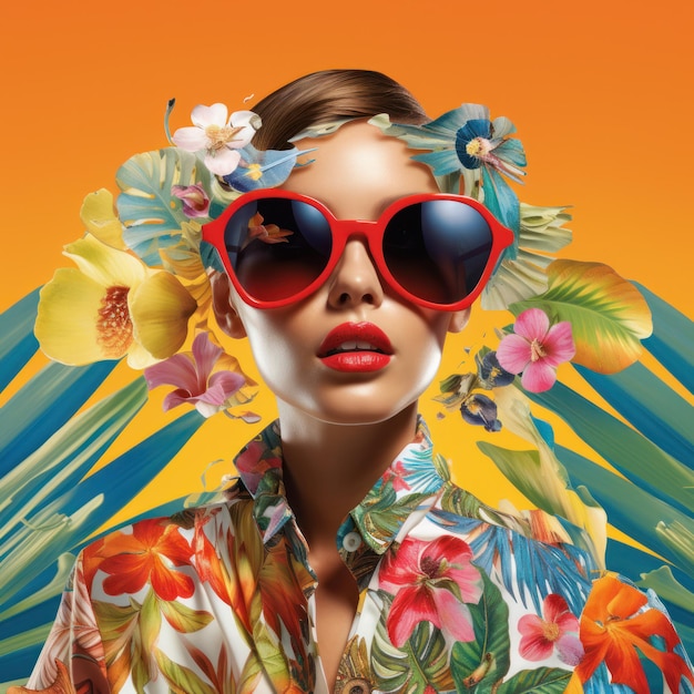 Couverture d'un magazine de mode avec une fille à lunettes de soleil aux vibrations tropicales Illustration AI GenerativexA