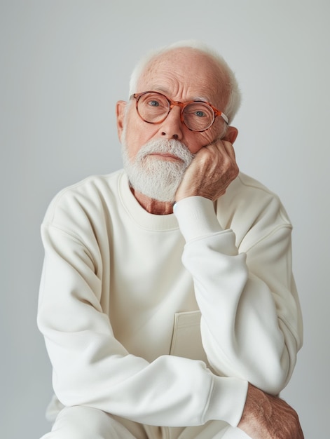 une couverture de magazine photo minimaliste un homme d'années portant un sweatshirt geste de question