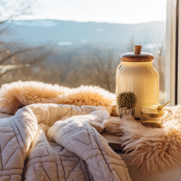 Photo une couverture moelleuse et une bouteille d'eau chaude avec un paysage d'hiver en arrière-plan