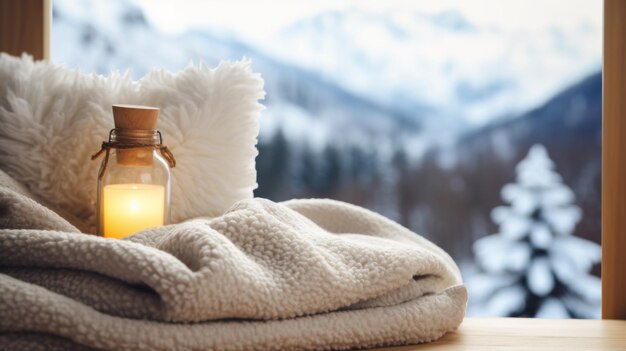 Photo une couverture moelleuse et une bouteille d'eau chaude avec un paysage d'hiver en arrière-plan