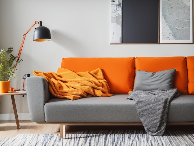 Couverture orange sur canapé gris dans un intérieur moderne avec posterGenerative Ai