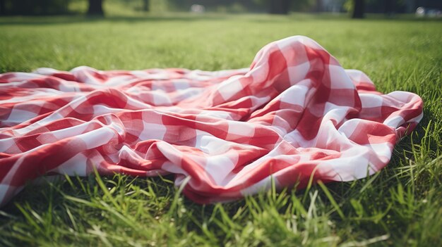 Couverture de pique-nique à carreaux rouge et blanc au sommet d'un champ vert par temps ensoleillé sur l'herbe de la pelouse dans le parc d'été arrière-plan flou