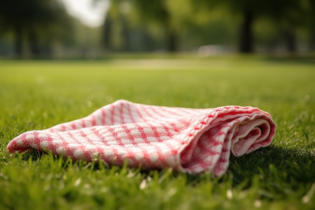 Couverture de pique-nique à carreaux rouge et blanc au sommet d'un champ vert par temps ensoleillé sur l'herbe de la pelouse dans le parc d'été arrière-plan flou