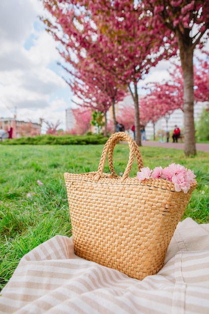Couverture de pique-nique avec chapeau de paille et sac sur l'herbe verte recouverte de fleurs de sakura roses copiez l'espace