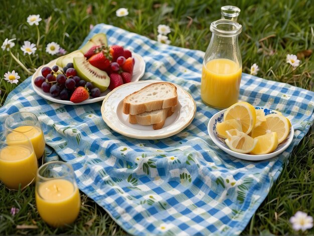 une couverture de pique-nique avec du pain et du jus de fruits sur l'herbe