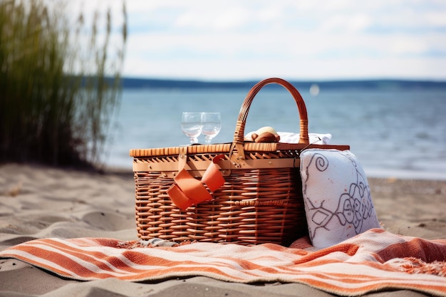 Photo couverture de pique-nique et panier sur la plage vue sur le front de mer