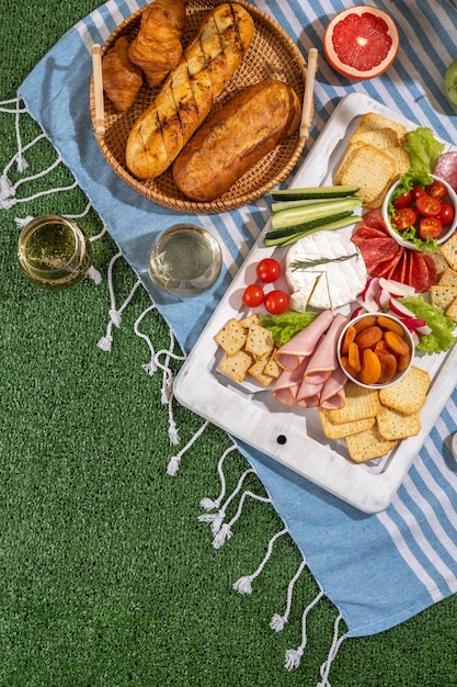 Couverture de pique-nique avec planches de charcuterie aliments sains et vin dans le parc sur l'herbe aux beaux jours