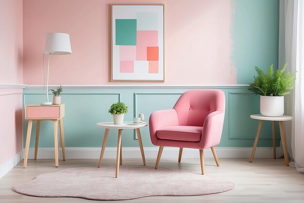 Couverture rose pastel et oreiller sur une chaise à bascule blanche dans une pièce sophistiquée avec table de nuit et chandelier