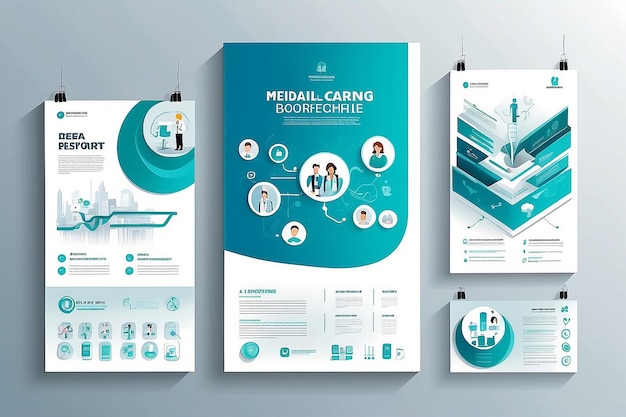 Couverture de la santé d'entreprise, page arrière, modèle a4 et icônes plates pour un rapport et une brochure médicale