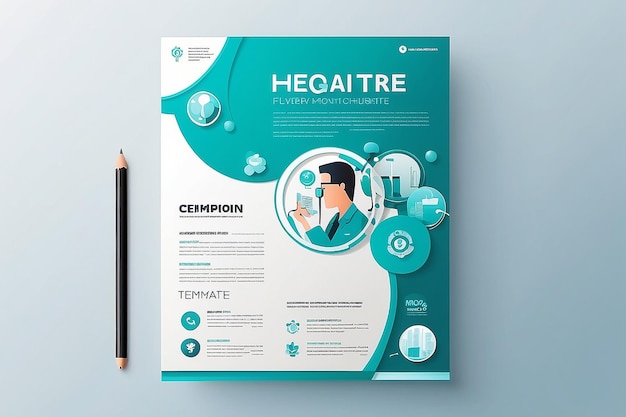 Photo couverture de la santé d'entreprise, page arrière, modèle a4 et icônes plates pour un rapport et une brochure médicale