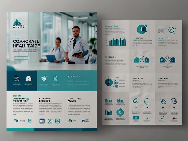 Photo couverture de la santé d'entreprise, page arrière, modèle a4 et icônes plates pour un rapport et une brochure médicale