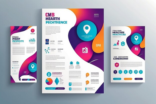 Couverture de soins de santé d'entreprise page arrière modèle a4 et icônes plates pour un rapport et une brochure design flyer bannière