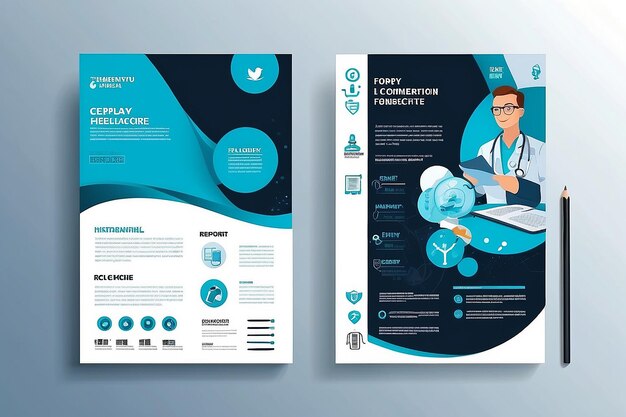 Couverture de soins de santé d'entreprise page arrière modèle a4 et icônes plates pour un rapport et une brochure design flyer bannière