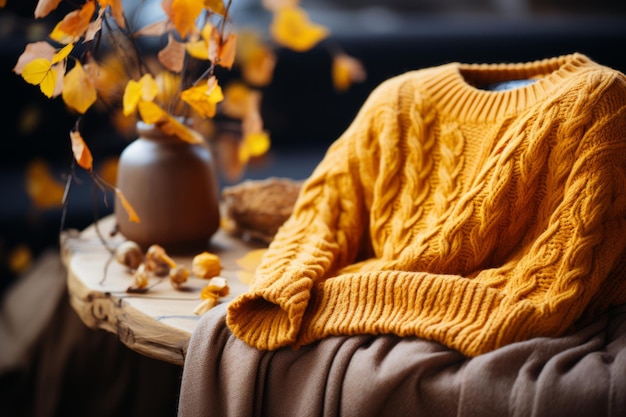 Couverture tricotée jaune vif avec des tresses de fleurs colorées et une tasse de café en argile photo de haute qualité