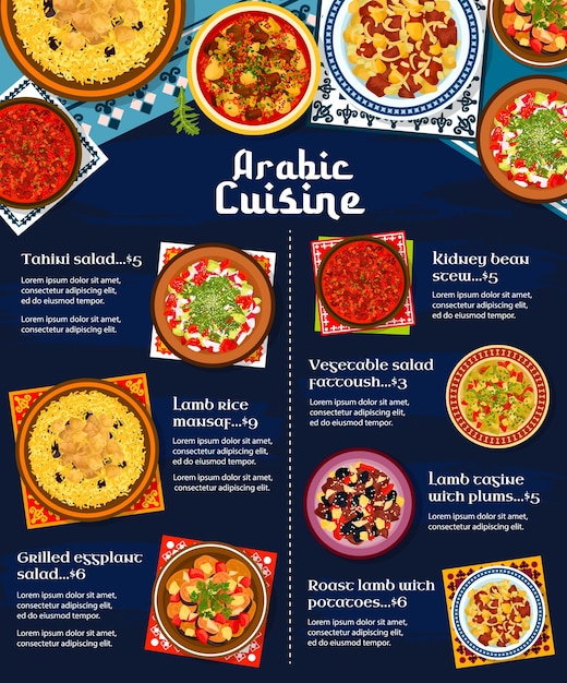 Couverture de vecteur de menu de restaurant de cuisine arabe