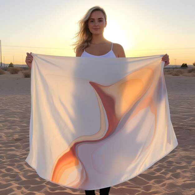 Photo une couverture de velours blanc tenue par une femme debout dans le désert.